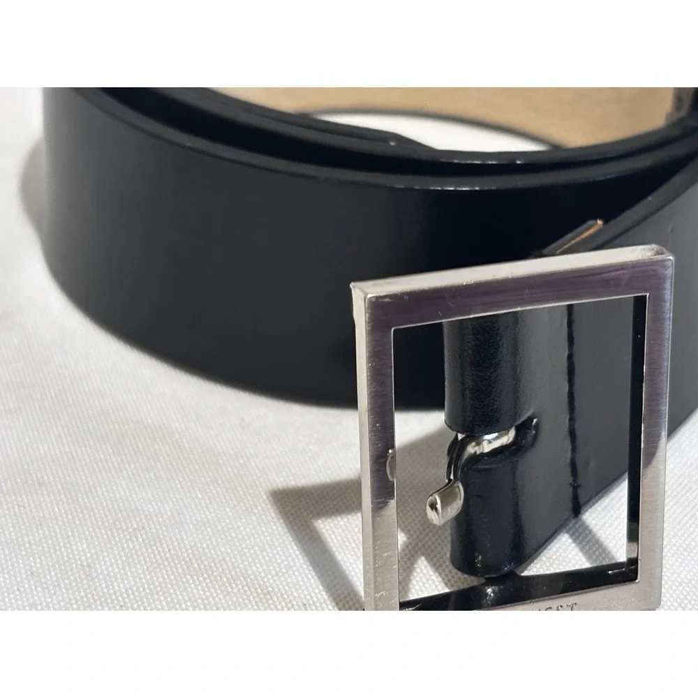 New Nine West Mens Unisex Black Genuine Leather Belt Silver Buckle Large capsule